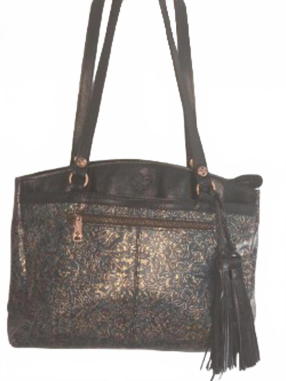 Patrica Nash Black Leather and Patterned Tote Bag with Tassel Accent